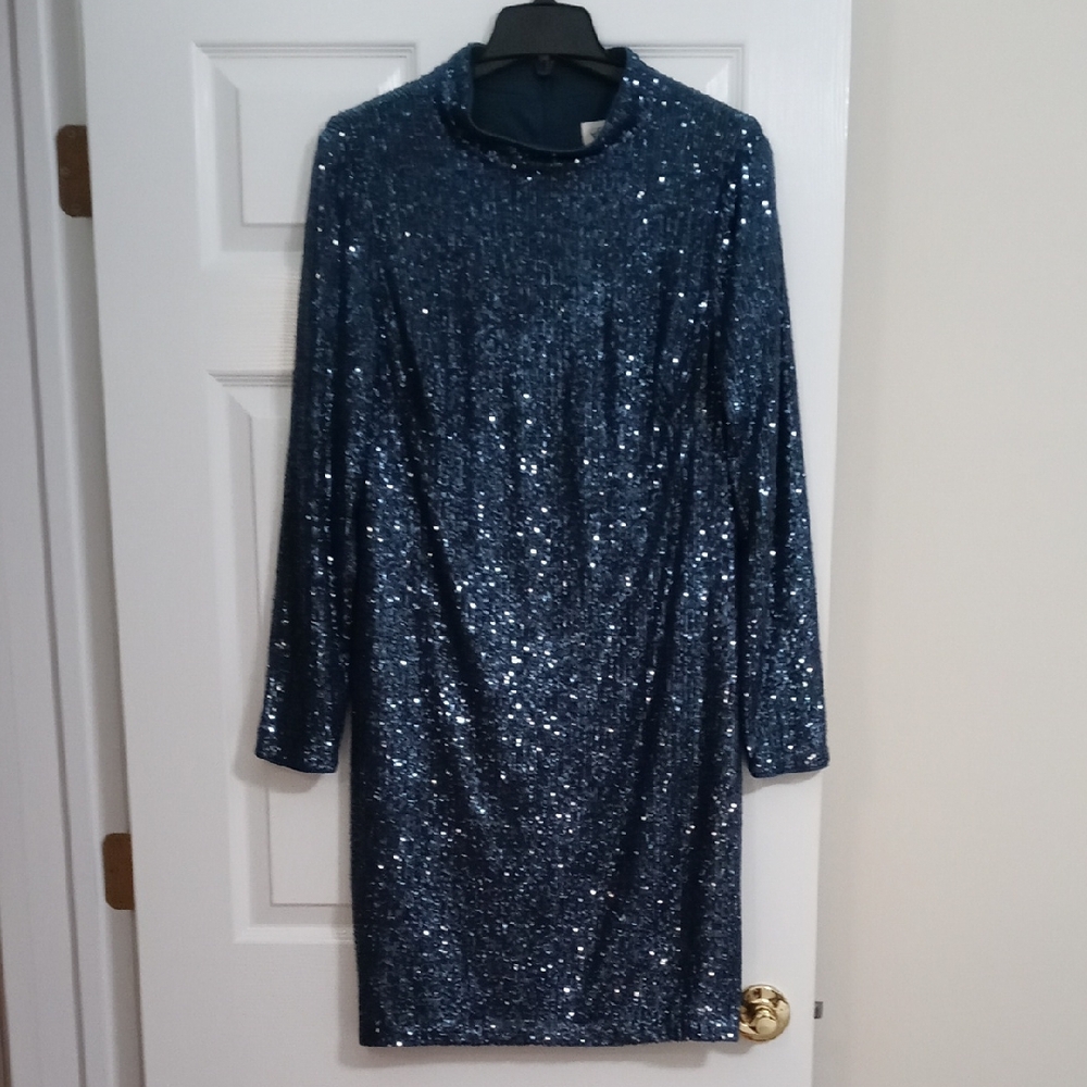 Eliza J Navy Sequin Long-Sleeve Dress